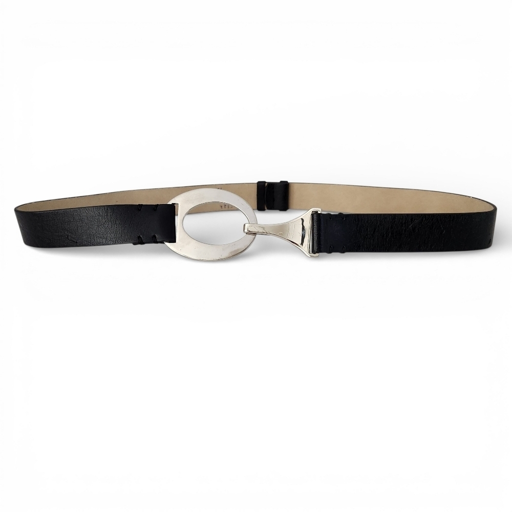 LANDES Black Belt Silver Oval Buckle Minimalist os